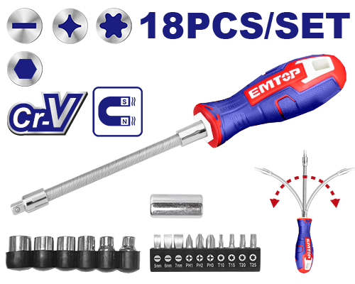 Одвртувач комплет со 16 битови ESSTFL1802 Emtop - image 1