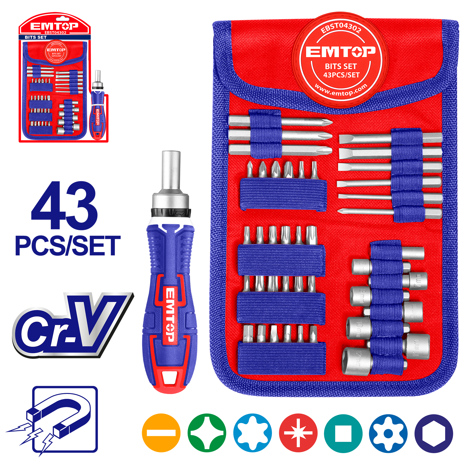 Сет од 43 парчиња одвртувач со битови EBST04302 Emtop - image 1