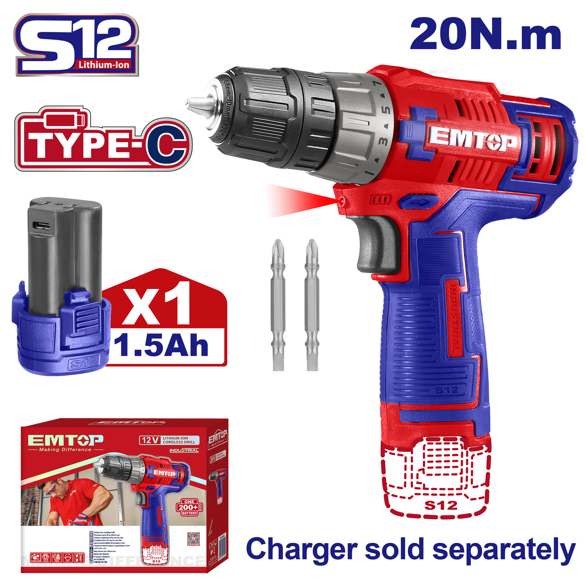 Батериска дупчалка одвртувач ECDL12510 Emtop - image 1