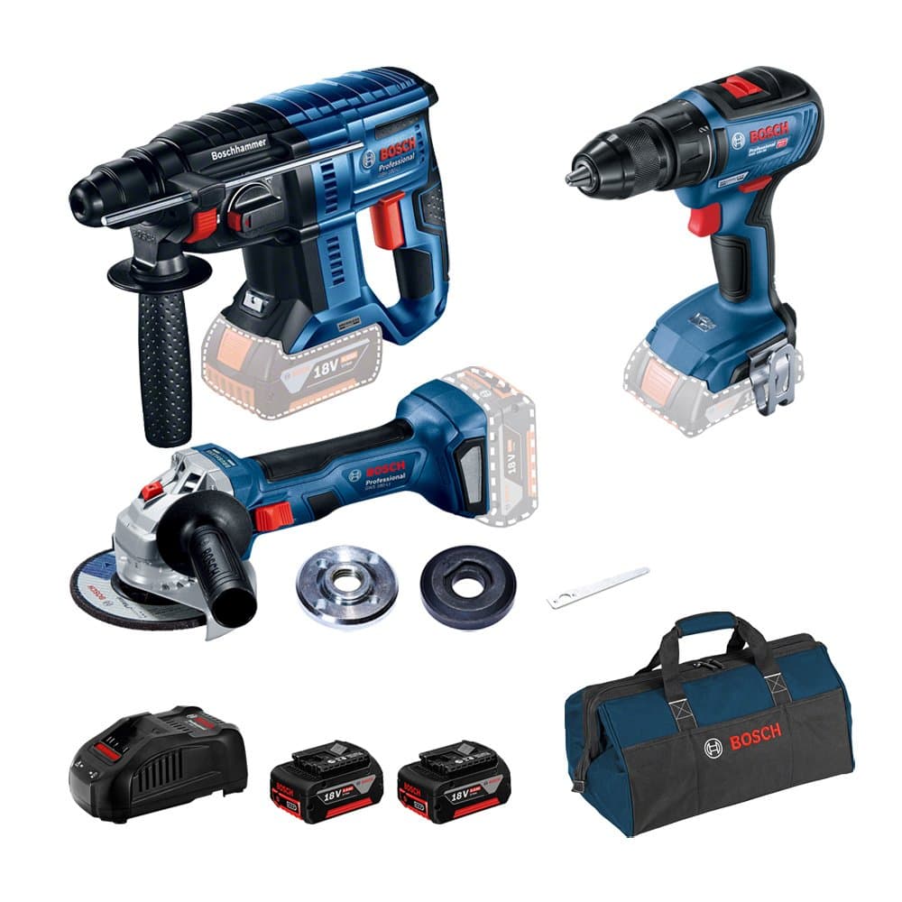Сет Bosch GBH 180-LI, GSR 18V-50, GWS 180-LI, 2 x GBA 18V 5.0Ah, GAL 1880 CV + торба - image 1