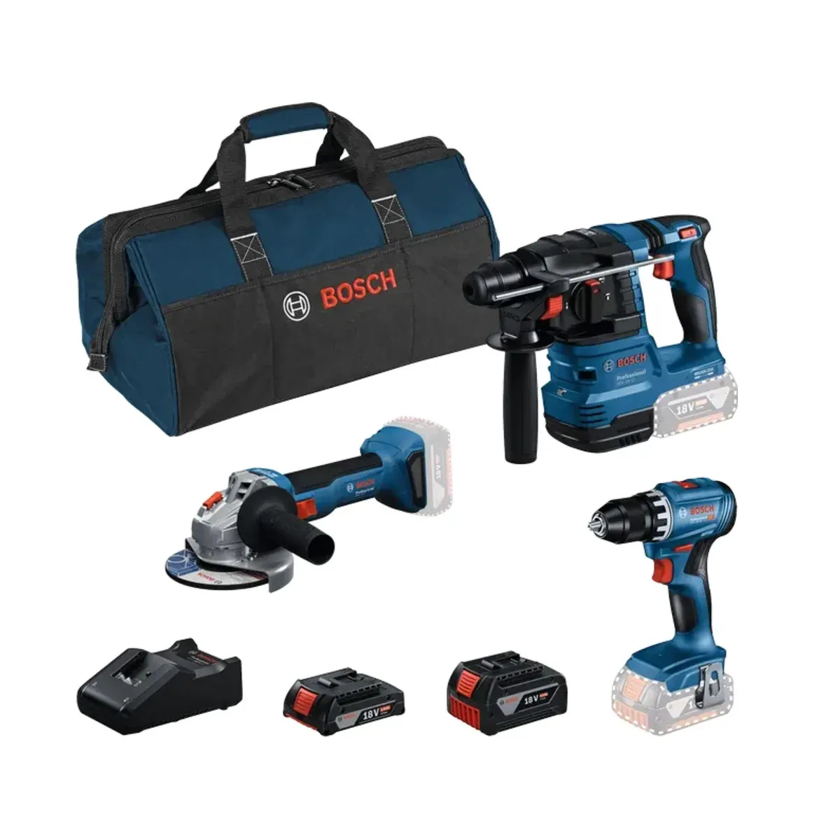 Сет GSR 18V-45 + GBH 18V-22 + GWS 18V-8 + GBA 4.0Ah + GBA 2.0Ah + GAL 18V-40 + торба - Bosch - image 1