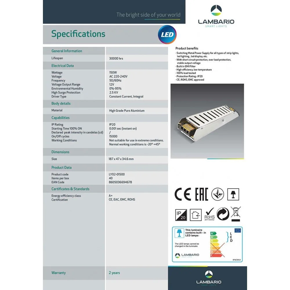 Трафо за лед 150W IP20 Lambario