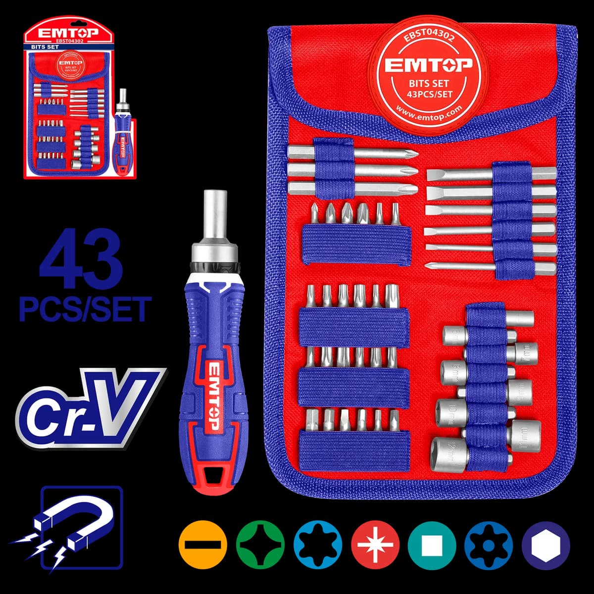Сет од 43 парчиња одвртувач со битови EBST04302 Emtop