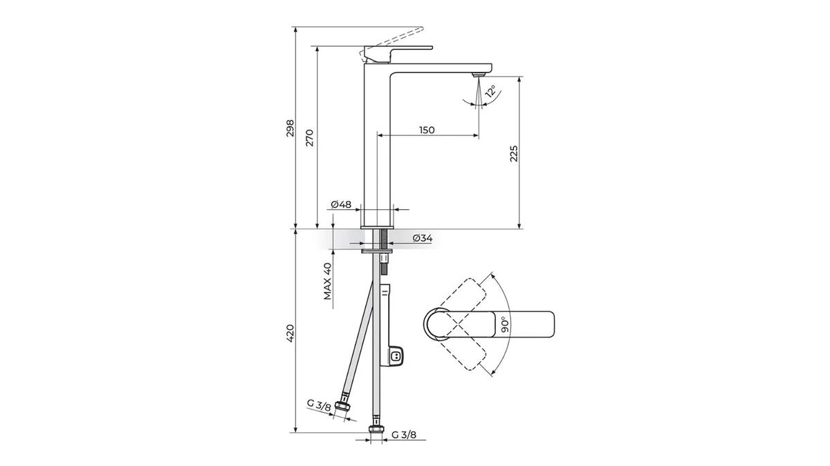 Батерија за надградно лавабо 270mm S2 BLACK 230109B ROSAN