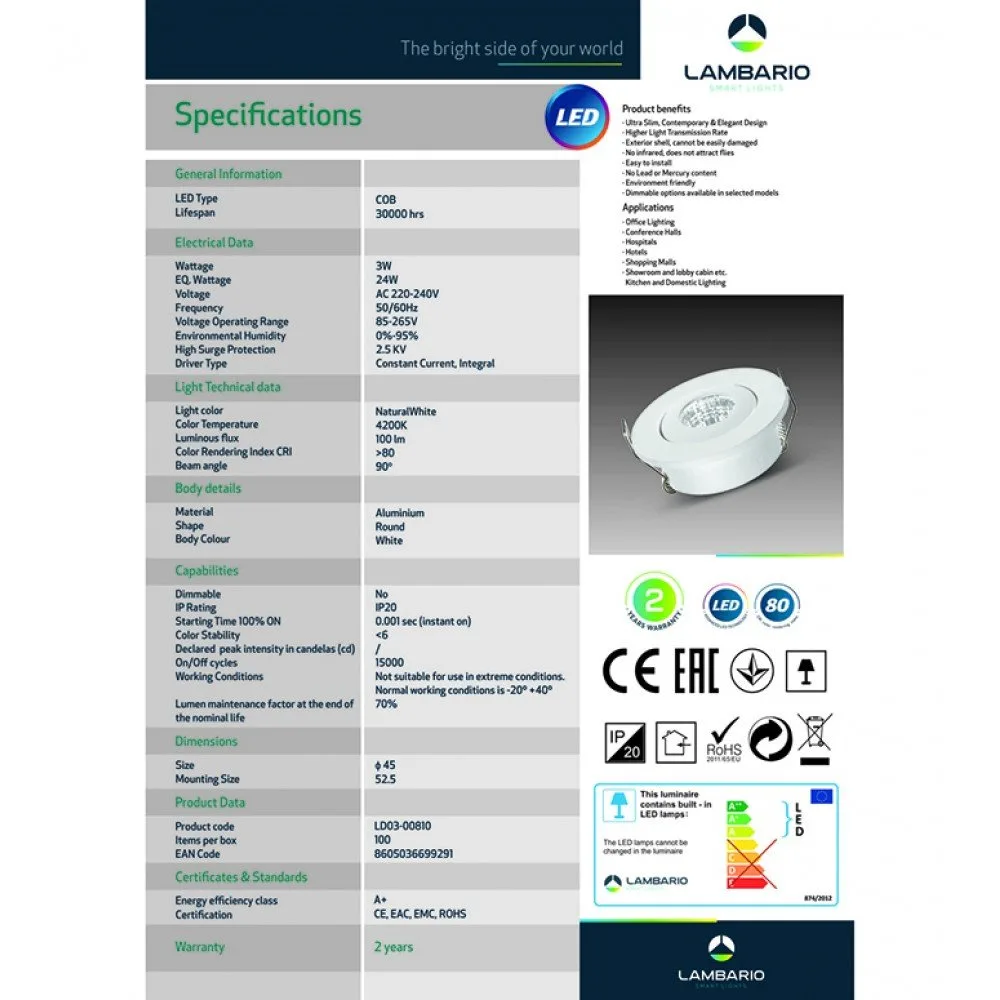 Лед спот 3W Downlight Mini Lambario